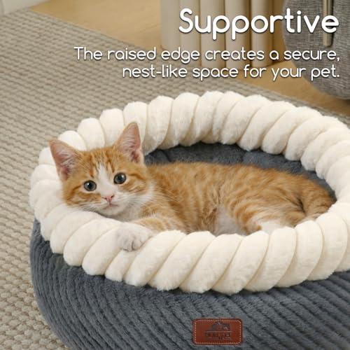 Hollypet Round Cat Bed Small Dog Beds with Detachable Cushion, Gray | Cat Bed for Indoor Cats Washable Fluffy Small Dog Bed Cozy Plush Pet Beds with Non-Slip Bottom for Pets up to 22 lbs - color: Gray and White