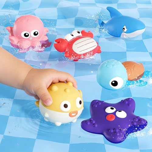 Tovol Zerky No Hole Baby Bath Toys for Kids 6-12M, Marine Animal Bathtub Toys for Toddlers 6+ Months with Sealed Design, 6 Pcs Sea Animal Float in Water Pool Toys for Boy Girl Birthday Gifts