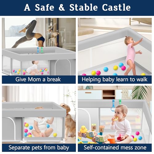 Baby Playpen with Balls and Pull Rings, 50x50 Inch Playpen for Babies and Toddlers Baby Playpen Fence Playard Activity Center, Without MAT Included - color: Grey + Ball, size: 50x50 Inch