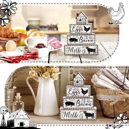 Tiered Tray Decor Set, 4 Pcs, Wooden, for Home Kitchen, Rustic | Farm Animal Rooster, Farmhouse Rustic Summer Coffee Table Centerpieces Office Decorations - style: Farm Animal