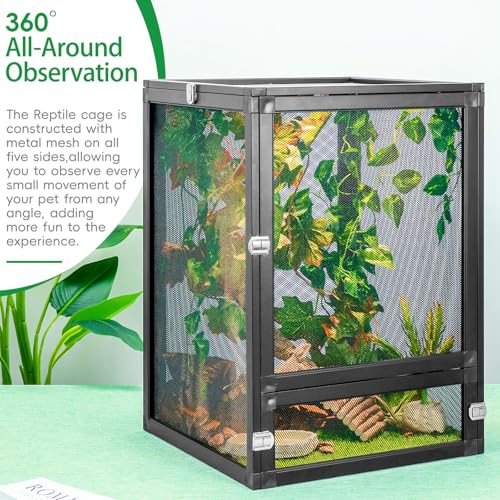 13 Gal Foldable Reptile Terrarium for Gecko & Dragon | 360° clear view with detachable & foldable design for portability. High airflow mesh. Fits crested geckos, chameleons - size: 18x13x13 Inch