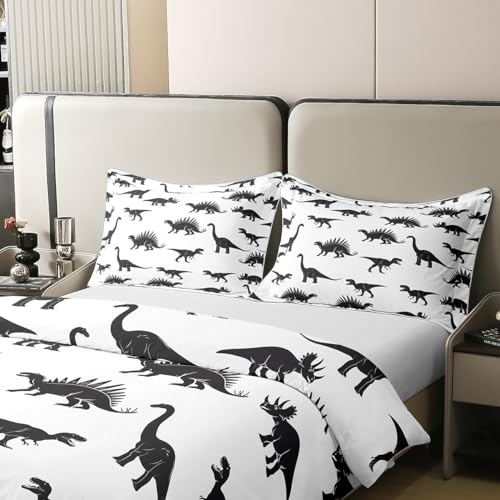 100% Cotton Dinosaur Duvet Cover Dino Silhouettes Bedding Set Queen Size, Wildlife Animals Black White Comforter Cover For Kids Boys Teens Adult Bedroom Decor Dinosaurs Quilt Cover 2 Pillowcases - color: Multi 08, size: Queen (No Comforter)