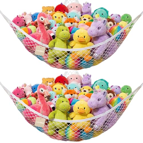 Lazebox Stuffed Animal Net Hammock for Plushie Toys, Stuffed Animal Hammock Corner for Kids' Room Decor, Ideas for Organizing Stuffy Collection, White, L (67" x 40" x 40")-Pack of 2 - color: 2 Packs - White, size: L (67" X 40" X 40")-pack of 2