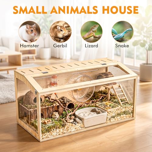 XiaZ Large Hamster Cage,40Inch Hamster Cage with Panoramic View and Ventilated Top, Spacious Acrylic Glass Habitat for Syrian Dwarf Hamsters and Degus, Natural Wood Frame Enclosure - size: 40.0"L x 20.0"W x 20.0"H