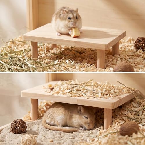 Hamster Play Platform Wooden Cage Accessory for Small Hamsters, Natural Multi-Level Climbing Playground & Rest Area, Enrichment Habitat Decor for Dwarf Syrian Hamsters