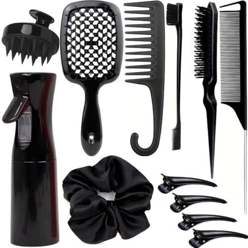 12 Pcs Hair Styling Brush Set with Detangler, Teasing, Rat Tail, Edge Brushes and Baby Hair Brushes - Soft Bristles for Baby Girls and Women (Black) - color: Black