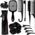 12 Pcs Hair Styling Brush Set with Detangler, Teasing, Rat Tail, Edge Brushes and Baby Hair Brushes - Soft Bristles for Baby Girls and Women (Black) - color: Black