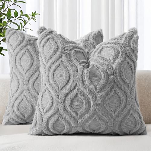 decorUhome Faux Fur Plush Soft Grey Throw Pillow Covers 16x16 Set of 2 | Wool Solid Fall Couch Pillow Covers, Accent Modern Farmhouse Neutral Decorative Square Pillow Cases for Sofa Bed Living Room - color: Grey, size: 16" x 16" (Pack of 2)