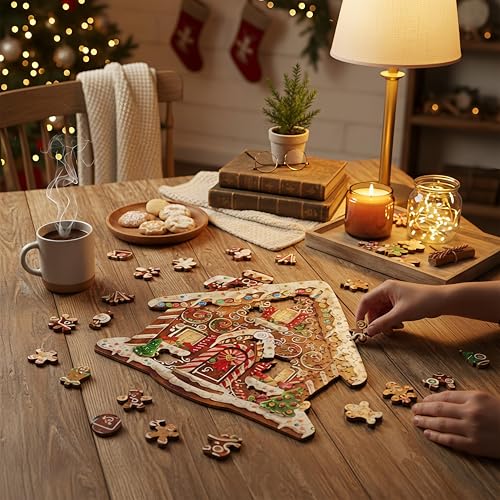 Wooden Puzzles Adults, Christmas Gingerbread House Wooden Puzzles 100 Pieces, Unique Animal Shaped Wood Challenging Jigsaw Puzzles Gifts for Adults, 8.4x8.3in - color: Christmas Gingerbread House, size: Small