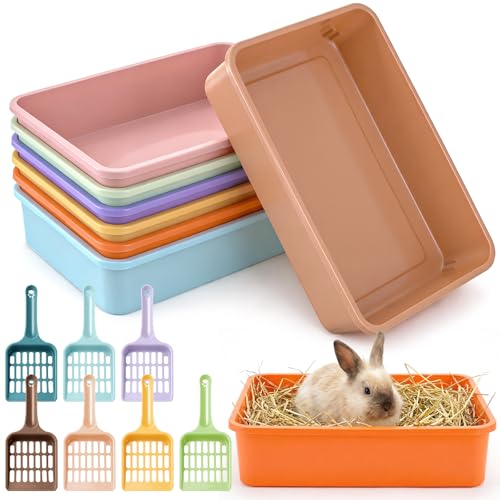 Hiceeden 7 Pack Small Kitten Litter Box with Scoops, 13.9 x 9.8 x 3 Inch Plastic Cat Litter Box, Colorful Open Litter Tray Travel Toilet for Rabbit, Hamster, Guinea Pig, Hedgehog, Easy to Clean