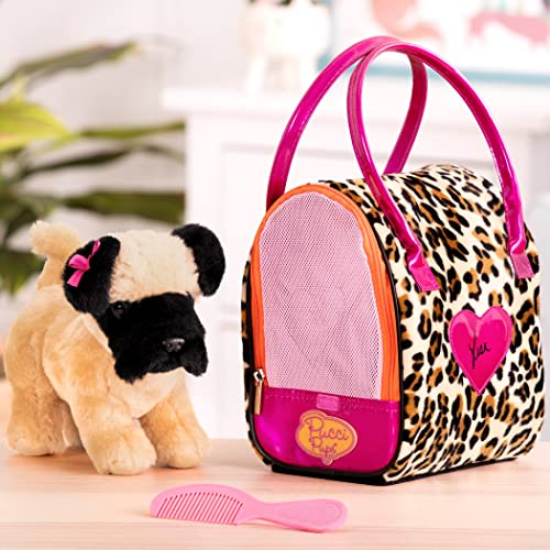 Pucci Pups Plush Pet Carrier Set, Pug with Leopard Print Carrier | 3-piece set with 1 dog with bow, 1 carrier, and 1 comb for cuddling, grooming, and take-along pretend play, Plush, 2+ Years - style: Pug - Heart Print Bag