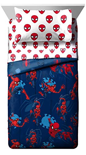 Marvel Spiderman Full Size Comforter Set 5 Piece Kids Bedding, Blue | Bed in a Bag, Comforter Sheets Pillowcases, Official Product, Soft Microfiber, Machine Washable, Easy Care, Boys Gift - color: Blue - Spiderman, size: Full