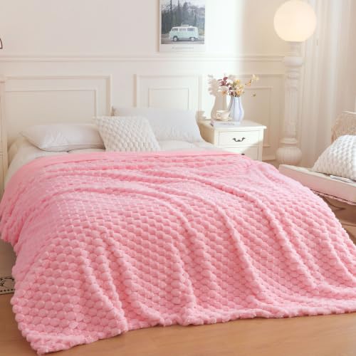 XeGe Luxury Bubble Fluffy Faux Rabbit Fur Bed Blanket Queen, Sweet Pink | 90"x90", Double-Sided, Hypoallergenic, No-Shed, Machine Washable, Pretty Comfy Fuzzy Blanket for Kids Teens Girls Women Mom - color: Pink, size: Queen (90" X 90")