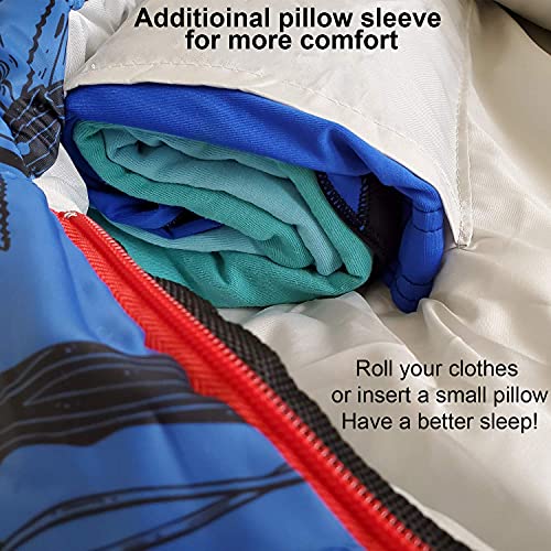 KidzAdventure Mummy Style 32 – 59F Kids Sleeping Bag with Pillow Sleeve, 4 Season, Lightweight and Backpacking Style, Ideal for Camping, Sleepover, Boys, Girls, and Youth - color: Blue kids up to 4'3"