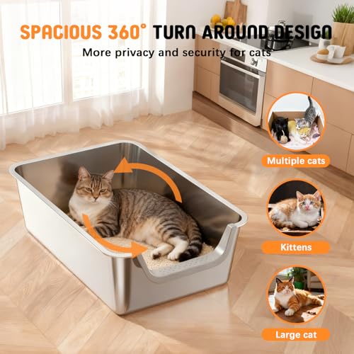 Stainless Steel Litter Box with High Sides,23.6" L X 15.7" W X 7.8" H,Extra Large Jumbo Cat Litter Box,XL Kitty Metal Liter Box for Indoor Big Cat,Non-sticky,Anti-Leakage(Entry on Short Side) - size: Entry on Short Side