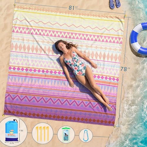 BYDOLL Beach Blanket Waterproof Sandproof,78''X81''/78''X110'' Large Sand Free Oversized Lightweight Sand Resistant Blanket, Picnic Mat for Beach Travel Camping Hiking Essentials - color: Pink Boho, size: 78''X81"
