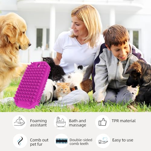 Rose Red 3-in-1 Double-Sided Dog Shampoo Brush Dog Washing Brush | Soft TPR Bristles,Pet Massage Bath Brush for Dogs&Cats,Remove Loose Hair Knots,Gentle Pet Grooming Tool Deep Cleansing