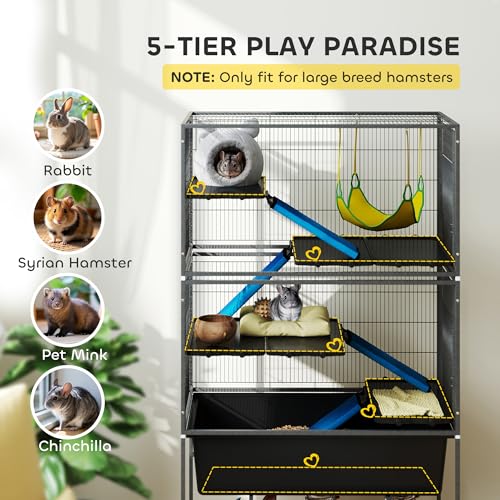 PawHut 59" 5-Level Small Animal Cage, Rolling Ferret Chinchilla Cage with Slide Out 6.3" Deep Tray, Non-Slip Cloth Covered Ramps, Hammock, for Rabbits, Pet Mink, Squirrel, Dark Gray | Ferret Chinchilla Cage, Slide Out 6.3" Deep Tray, Non-Slip Cloth Covere