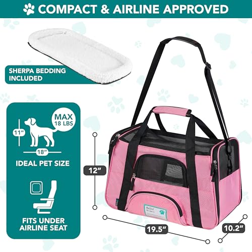 PetAmi Airline Approved Pet Carrier for Cats & Small Dogs, Large, Pink | Soft Sided TSA Travel Bag, Sherpa Bed, Breathable Mesh Ventilation, Collapsible Bowl, Fits Under Seat, Up to 18 lbs - color: Pink, size: Large - 19.5"L x 10.2"W x 12"H