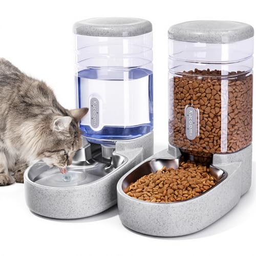 Automatic Cat Feeder and Water Dispenser with Stainless Steel Bowl Gravity Food Feeder and Waterer Set for Small Medium Dog Puppy Kitten 1 Gallon x 2(Grey) - color: Stainless Steel-Grey