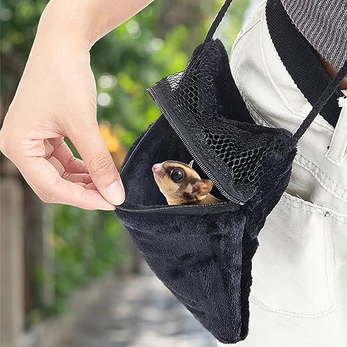 2 Pcs Sugar Glider Pouch Breathable Carrying Bonding Pouch Soft Hamster Carrier with Strap Zipper Small Animal Travel Sleeping Bag Cage Accessories for Rat Reptile Other Small Pets(Black) - color: Black