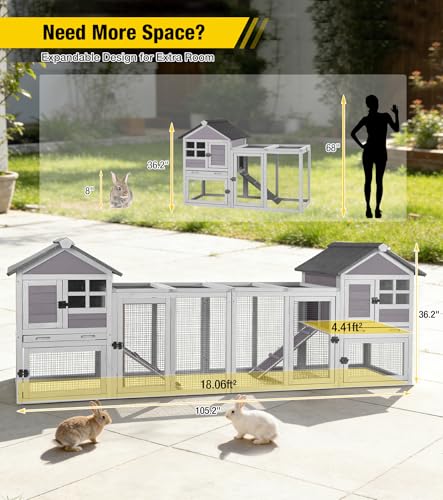 Aivituvin Two-Tier Rabbit Hutch Outdoor Bunny Cage Indoor with Weatherproof Roof Rabbit Cage with Chew-Proof Ramp and Pull-Out Tray for for Small Animals Grey
