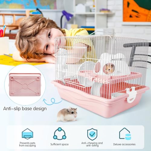 PINVNBY Dwarf Hamster Cage, Small Animal Cages, 2-Tier Travel Portable Mouse Cage Hamster Carrier with Castle House Running Exercise Wheels, Water Bottle and Food Dish（Pink） - color: Pink, size: L: 13.78x10.23x11.02in