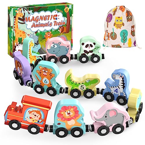 Zeoddler Toys for Toddlers, 11 Magnetic Wooden Animals Train Set, Montessori Toys for Toddlers, Preschool Learning Activities for Kids, Birthday Gifts for Boys, Girls - style: Animal