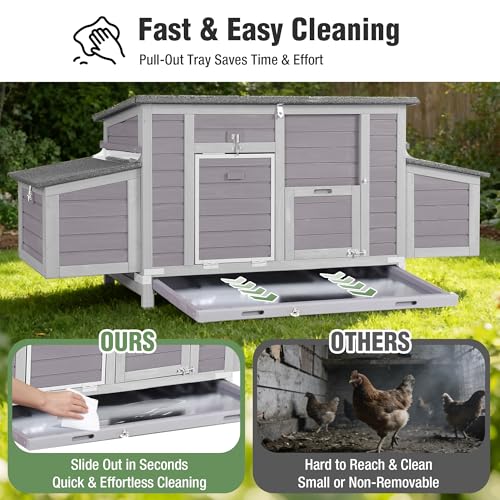 Large Chicken Coop for 4-6 Chickens with Nesting Box, Predator Proof Outdoor Hen House, Reinforced Frame, Waterproof Asphalt Roof, Easy Clean Pull-Out Tray, Ventilated Design