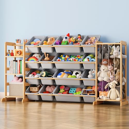 Toy Storage Organizer with Bookshelf and Stuffed Animal Storage - Kids Playroom Organization with Shelves and 16 Toy Bins - Toddler Living Room Toy Box for Lego - Nursery Bedroom Decor Essential - color: Grey, size: 67"W,3 Shelves,16 Bins