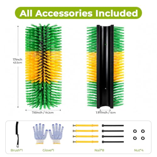 2 Pack Horse Brush Goat Scratching Post, Livestock Scratching Brush | with Cleaning Tool, Gloves, Stiff Bristle, Itch Relief, Self-grooming, Full Massage, Livestock Brushes Set Includes 8 Screws - color: Green