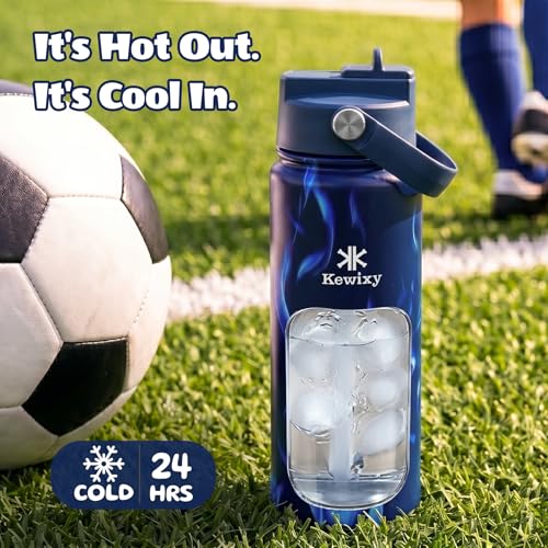 KEWIXY 18 oz Water Bottle with Straw, Easy Slide Lid, Leak Proof, Keep Cold 24H, Vacuum Insulated, Metal Stainless Steel with Handle for School, Blue - color: Blue, size: 18 Ounces