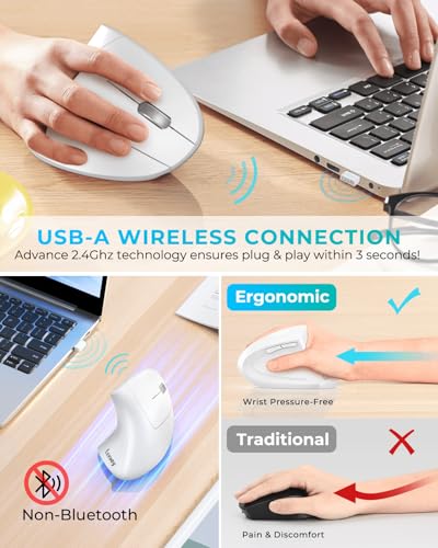 Lekvey Ergonomic Mouse, Rechargeable Vertical Wireless Mouse, White | Long Battery Life, USB-C Charging, 2.4G Wireless, Quiet Click, Reduces Wrist Strain, 3DPI 1000/1200/1600, for Laptop, Mac, PC - color: White