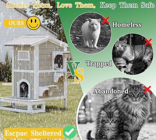 Outdoor Cat House Weatherproof Cats Shelter for Feral Kitten Pet Houses for 1-2 Small Animlas 2 Story Wooden Houses for Indoor Outdoor Cats with Escape Doors (29.7" D x 22.8" W x 35.4" H) - style: 29.7"D x 22.8"W x 35.4"H