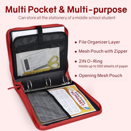 SUNEE Zippered Binder Bag with Handle, 2-Inch 3-Ring O-Ring, 500-Sheet Capacity, Includes Zip Pocket, 5-Tab Expanding File Folder, Multi-Pocket Organizer Binder for Middle School, Bright Red - color: Bright Red