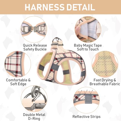 GAMUDA Small Dog Harness Collar and Leash Set, Step in No Chock No Pull Soft Mesh Adjustable Dog Vest Harnesses Plaid Reflective for Dogs Puppy Cats Kitten Rabbit (Beige, XS) - color: Beige Red, size: XS