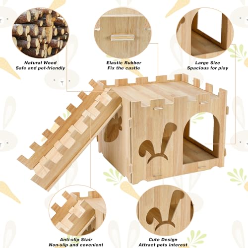 YUEPET Wooden Rabbit Castle with Ramp, Bunny Castle & Rabbit House Hideout | Large Bunny House with Ramp, Poplar Plywood Panels, Tool-Free Assembly, 16 Rubber Rings, Indoor Rabbit Hideaway - size: Rabbit Castle+Ramp
