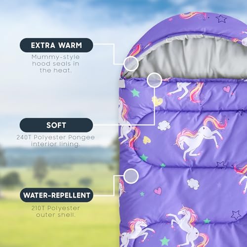 Wake In Cloud - Kids Sleeping Bag for Girls Toddlers, Camping in Warm Cold Weather, Backpacking Lightweight Compact Outdoor Liner for 3 Seasons, Unicorns Stars Hearts - color: Purple