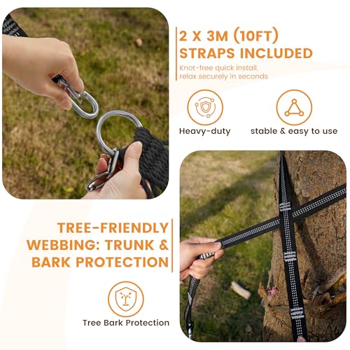 Lazy Daze 13 Ft Double Handwoven Polyester Rope Hammock with Tree Straps | Mesh Hammock for 2 Person, with Spreader Bar, Carabiners, Chains for Outside, Backyard, Patio, 450 Lbs Capacity - color: Grey