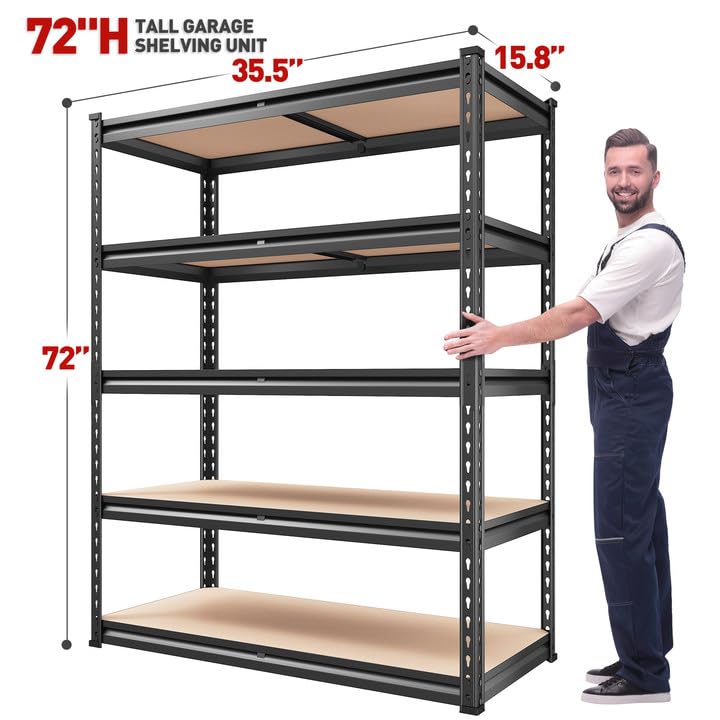 REIBII 2000LBS Garage Shelving Heavy Duty Storage Shelves 72" H Metal Shelving for Garage Shelves Adjustable 5 Tier Metal Shelf for Pantry Closet Kitchen Basement 35.5" W x 72" H x 15.8" D - size: 15.8"D x 35.5"W x 72"H