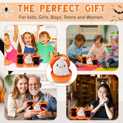Plushland Halloween Zip-Up Pumpkin Stuffed Animal Plush Toys,Hideaway Spooky Black Cat Bat Ghost Plush Halloween Toy for Festive Decorations & Fun Surprises 6 Inches (Black cat) - style: Black cat