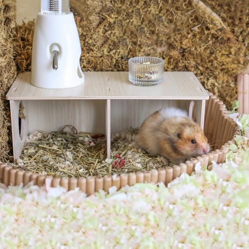 Hamster Peep Tunnel, 2-Chamber Wooden Hamster Hideout, Water-Resistant Platform for Syrian Hamsters and Small Pets, 11" x 5.3" x 4.3" - size: Large for Syrian Hamster