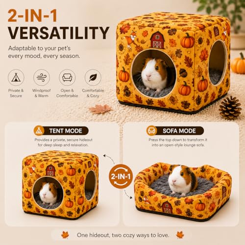Guinea Pig Hideout House with Removable Cushion, Washable Small Animal Cube Bed, Cozy Bunny Hideaway for Guinea Pigs, Chinchillas, Hedgehogs, Hamsters & Dwarf Rabbits - color: Orange Pumpkin