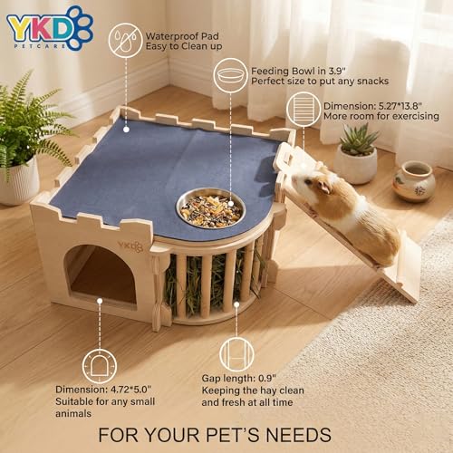 Natural Wood Chinchilla House with Ladder and Hay Feeder | Guinea Pig Castle Small Animal Hideout for Rabbit, Guinea Pig, Chinchilla, Hedgehog - size: Extra Large Assembly Style