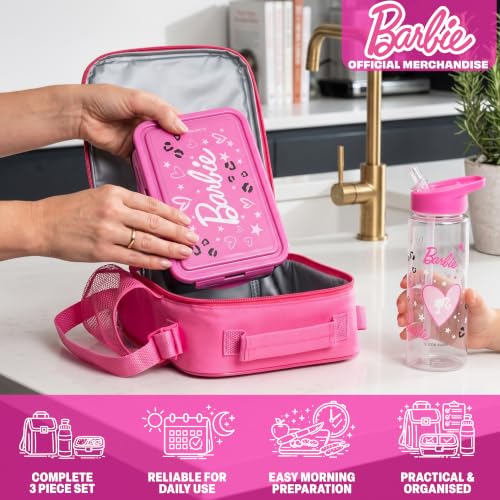 Get Trend Barbie Girls Lunch Box 3Pc Set | Kids Insulated Lunch Bag with BPA-Free Water Bottle and Bento Box, Back to School Gifts for Girls - color: Pink/Multi Barbie