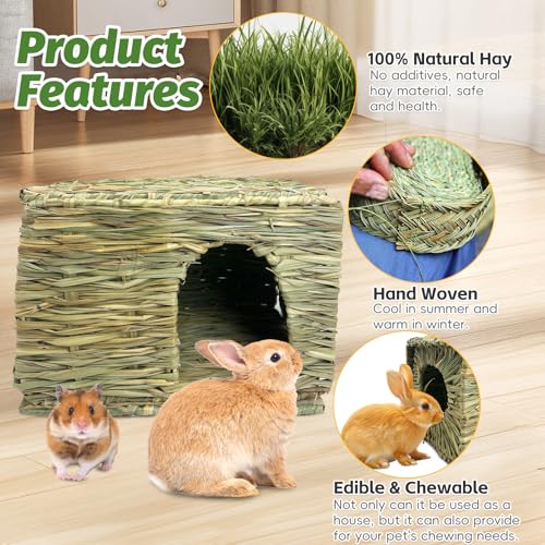 Hamiledyi 2 Pack Large Rabbit Grass House Hand Woven Natural Bunny Hut Foldable Play Bed Safe Cozy Hideaway Hay Mat Chew Toys for Hamster Guinea Pig Chinchilla Gerbil Ferret - size: 2 Pack (14.57"L x 11.42"W x 10.24"H)