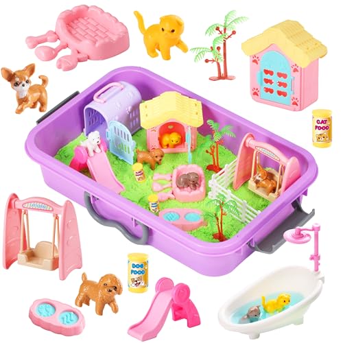 Carolart Pet Sensory Bin, Dog & Cat Sand Box Play Sand Kit, Sensory Toys | Sensory Sand Pet Care Play Set, Pretend Animal Toys, Sensory Kit Gift for Girls Boys, Interactive Sensory Play Ages 3+ - style: Pet
