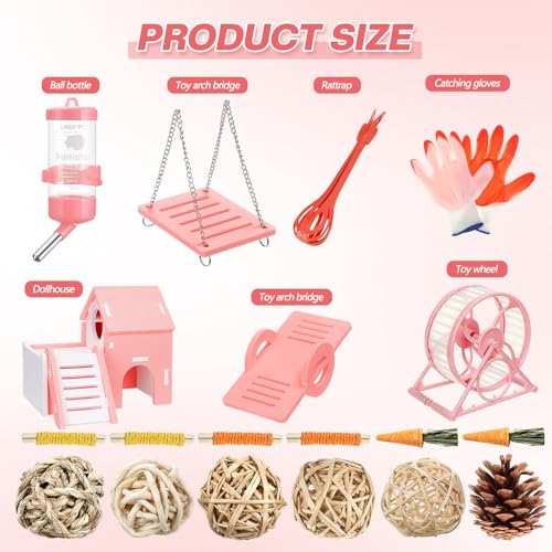 Teenyyou 24 Pcs Small Guinea Pig Starter Kit Essentials for Hamster Cage Accessories Toys House Bed Cage Cleaner Food Bowl Water Holder Carrier Bag Teething Toys Liner Tunnel for Beginner(Pink) - color: Pink