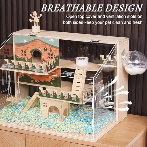 12 in 1 Large Wooden Hamster Cage with All Accessories, 24"*15.8"*15.8" 3-Layer Dwarf Hamster Cage Acrylic,Pastoral Style Mouse Cage for Pet Mice, Hedgehog, with Stairs, Fences and House - size: 24.0"L x 15.8"W x 15.8"H
