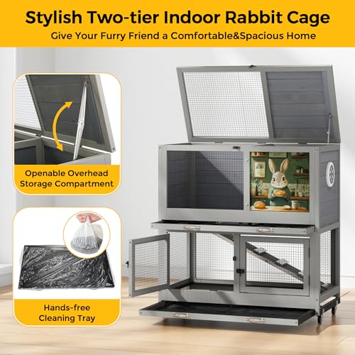 COZIWOW 2-Tier Bunny Hutch, Indoor Rabbit Cage with Wheels & Pull Out Tray | Easy Clean Pull Out Tray & Anti-Chew Ramp Included. Air Vent For Proper Ventilation. Rolling Casters For Mobility.